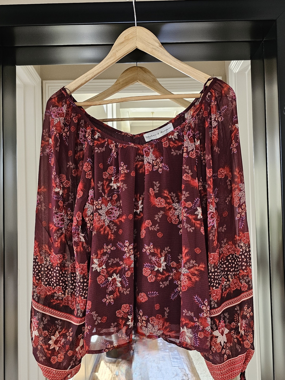 Chelsea & Theodore Burgundy Floral Off-Shoulder Blouse